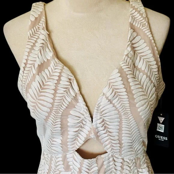 Guess Sz 14 Cream and White Embroidered Mesh Cutout Backless MIDI Dress w Slit - Picture 3 of 16